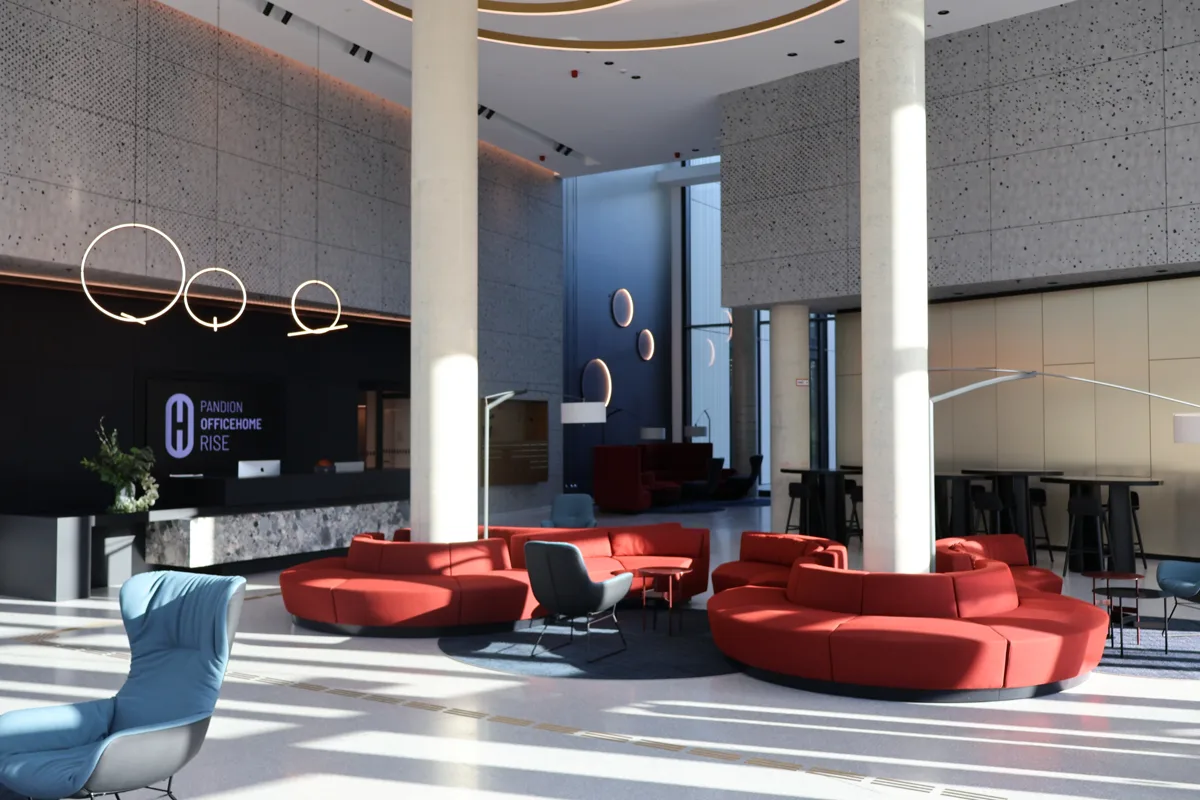 Lobby mit roten Sitzmöbeln und großformatigem Bodenbelag